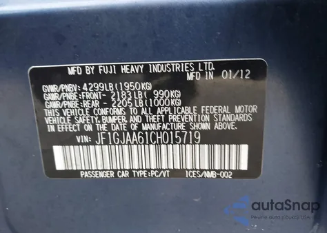 2012 Subaru Impreza 2.0I из США, поврежденный, VIN JF1GJAA61CH015719